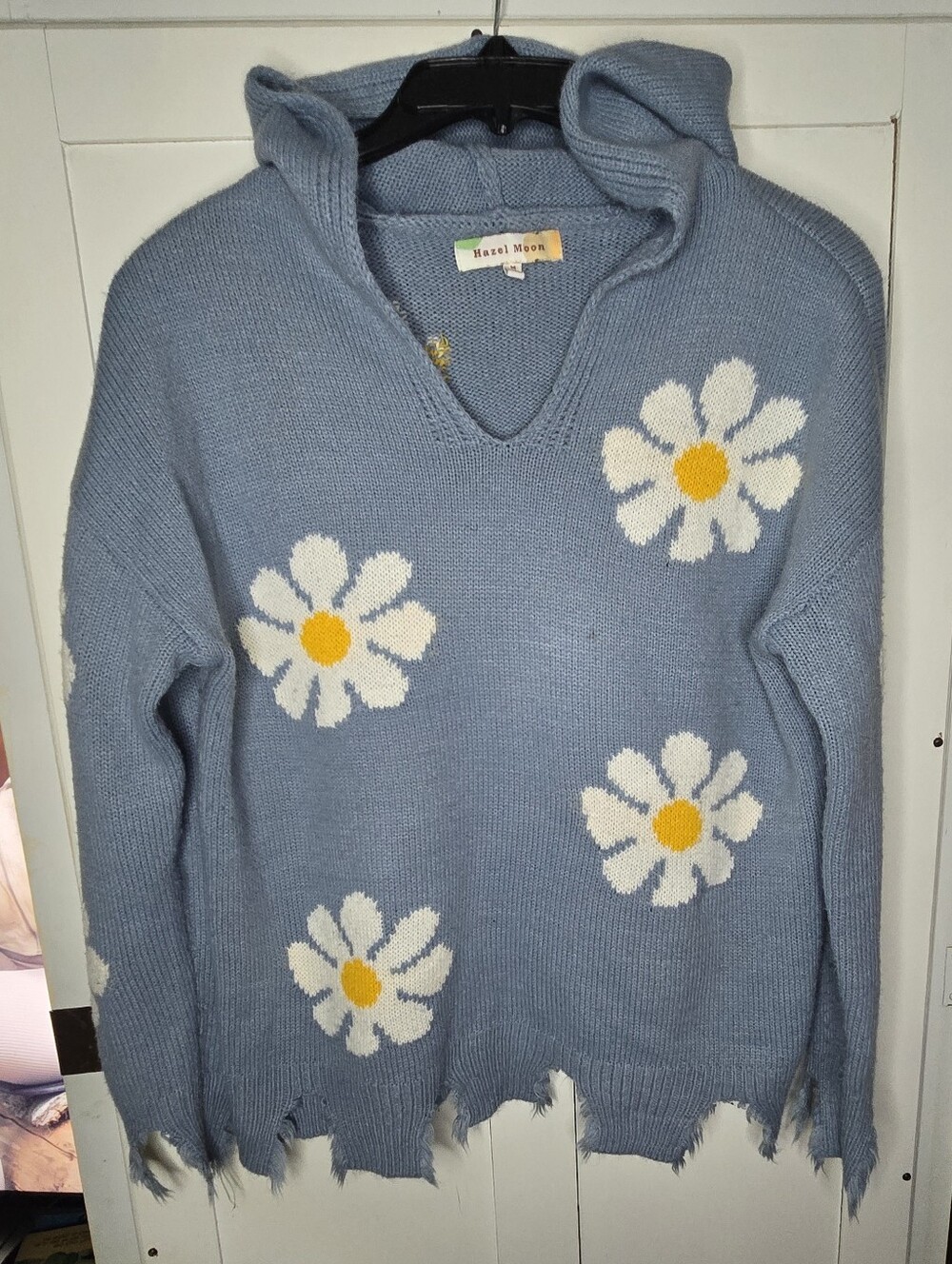 Hazel Moon Blue Daisy Floral V-Neck Knit Pullover Hoodie Sweater Women’s M
